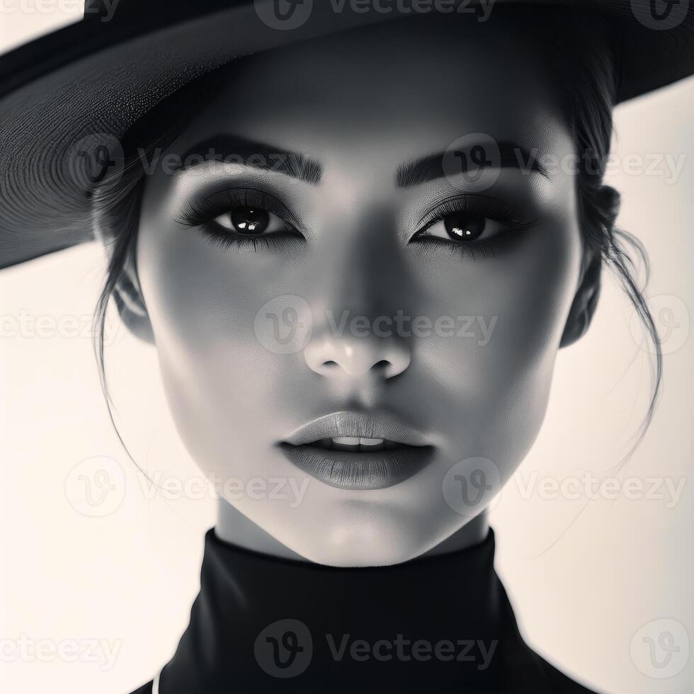 A woman with a black hat and makeup on her face photo