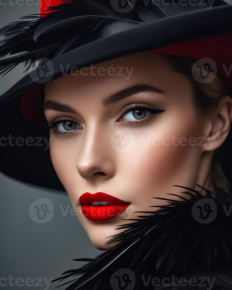 A woman with red lipstick and a black hat photo
