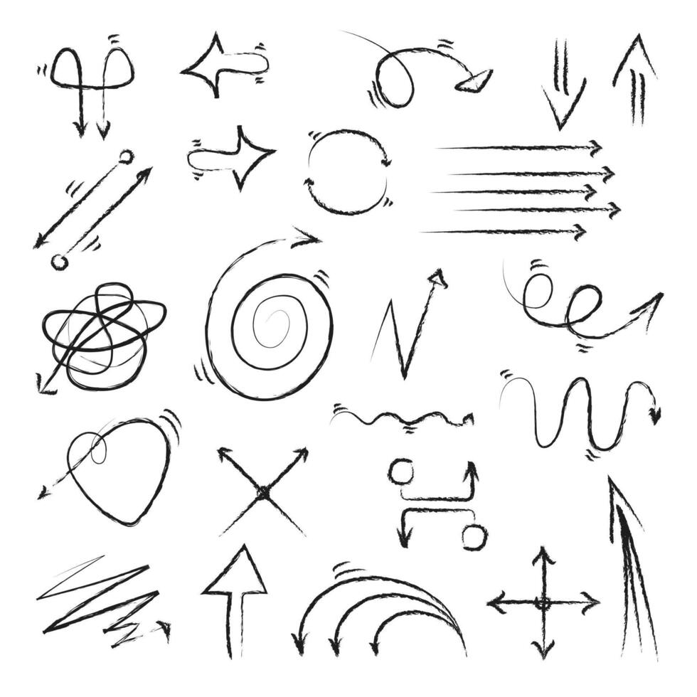 Charcoal arrow and line set. Black straight and round signs with charcoal pencil texture isolated on white background. vector