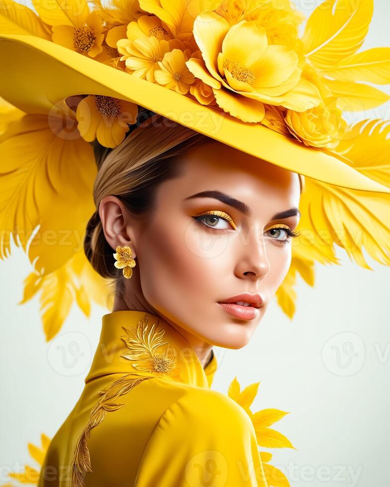 A woman wearing a yellow hat and yellow dress poses for a photo