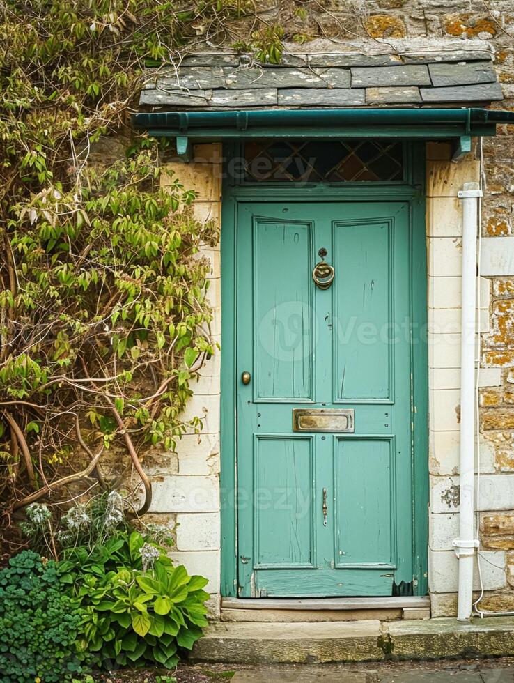 Entrance to a historic manor, framed by antique architectural elements and flanked by potted topiaries, features an aged door photo