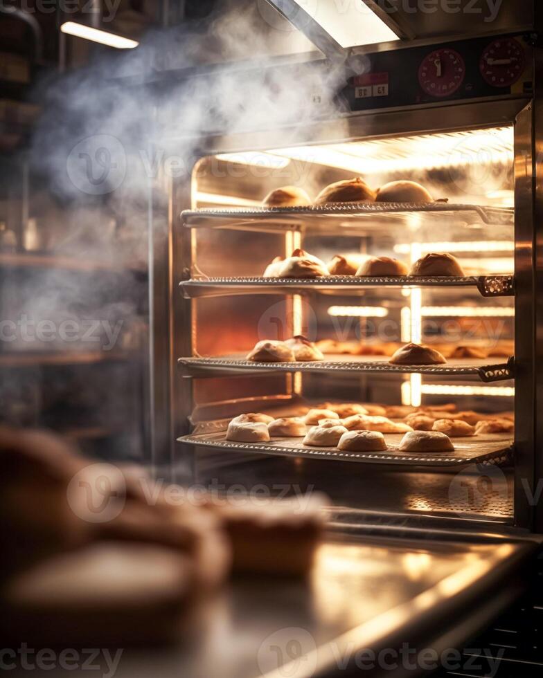 Bakery with hot fresh bread and pastry baking in the old town bakery, freshly baked products on shelves and the oven, small local business and food production photo
