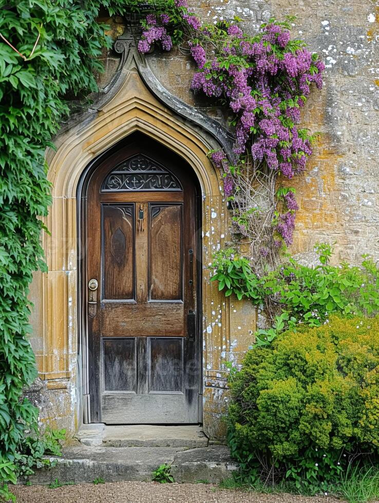 Entrance to a historic manor, framed by antique architectural elements and flanked by potted topiaries, features an aged door photo