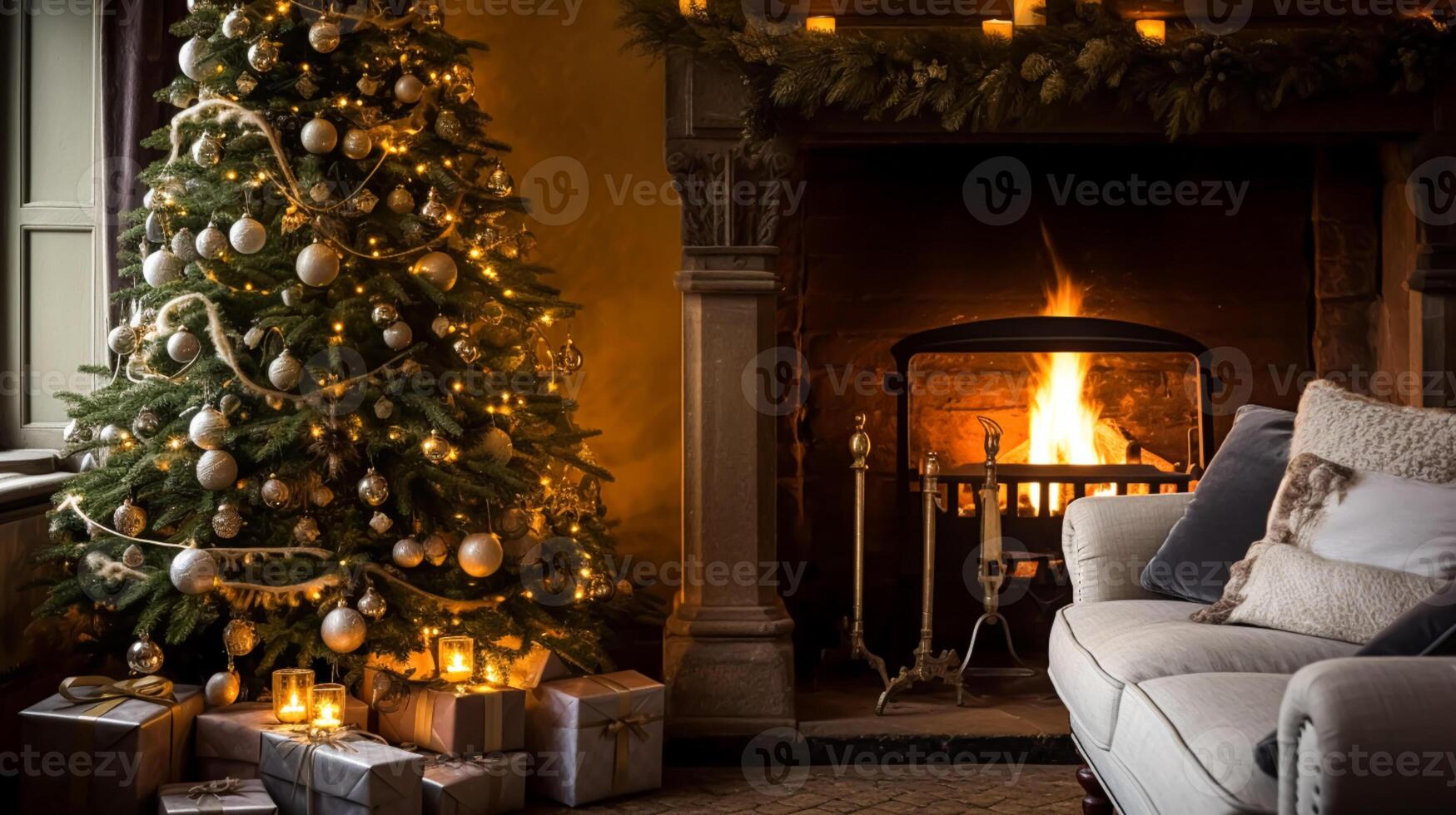 Christmas, holiday decor and country cottage style, cosy atmosphere, decorated Christmas tree in the English countryside house living room with fireplace, interior decoration photo