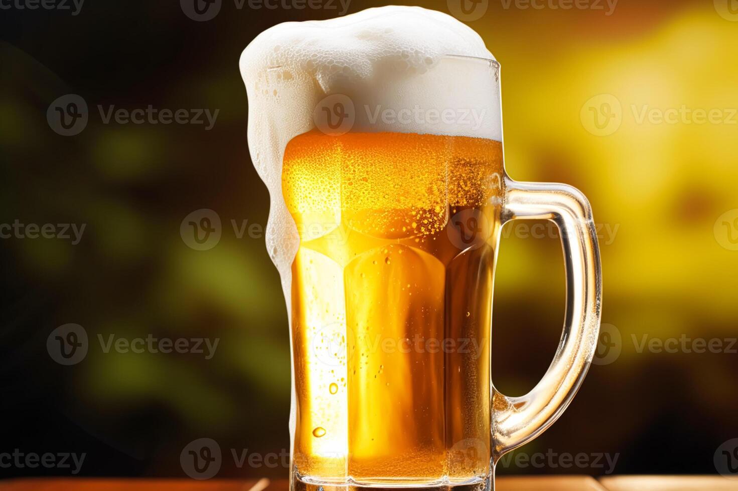 Glass of cold beer with foam, pint of original premium beer drink, alcohol flavour and holiday celebration photo