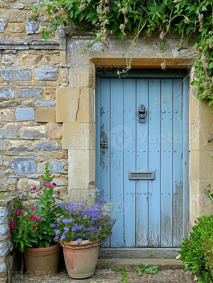 Entrance to a historic manor, framed by antique architectural elements and flanked by potted topiaries, features an aged door photo