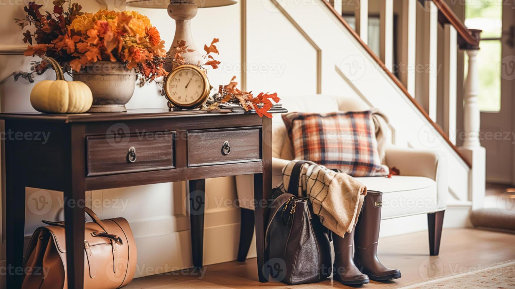 Autumnal hallway decor, interior design and house decoration, welcoming autumn entryway furniture, stairway and entrance hall home decor in an English country house and cottage style photo