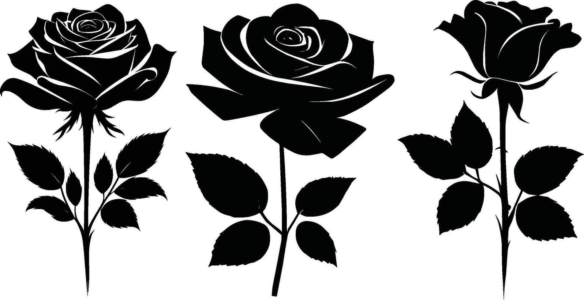 Set of decorative rose flowers with leaves black silhouette of isolated on a white background vector