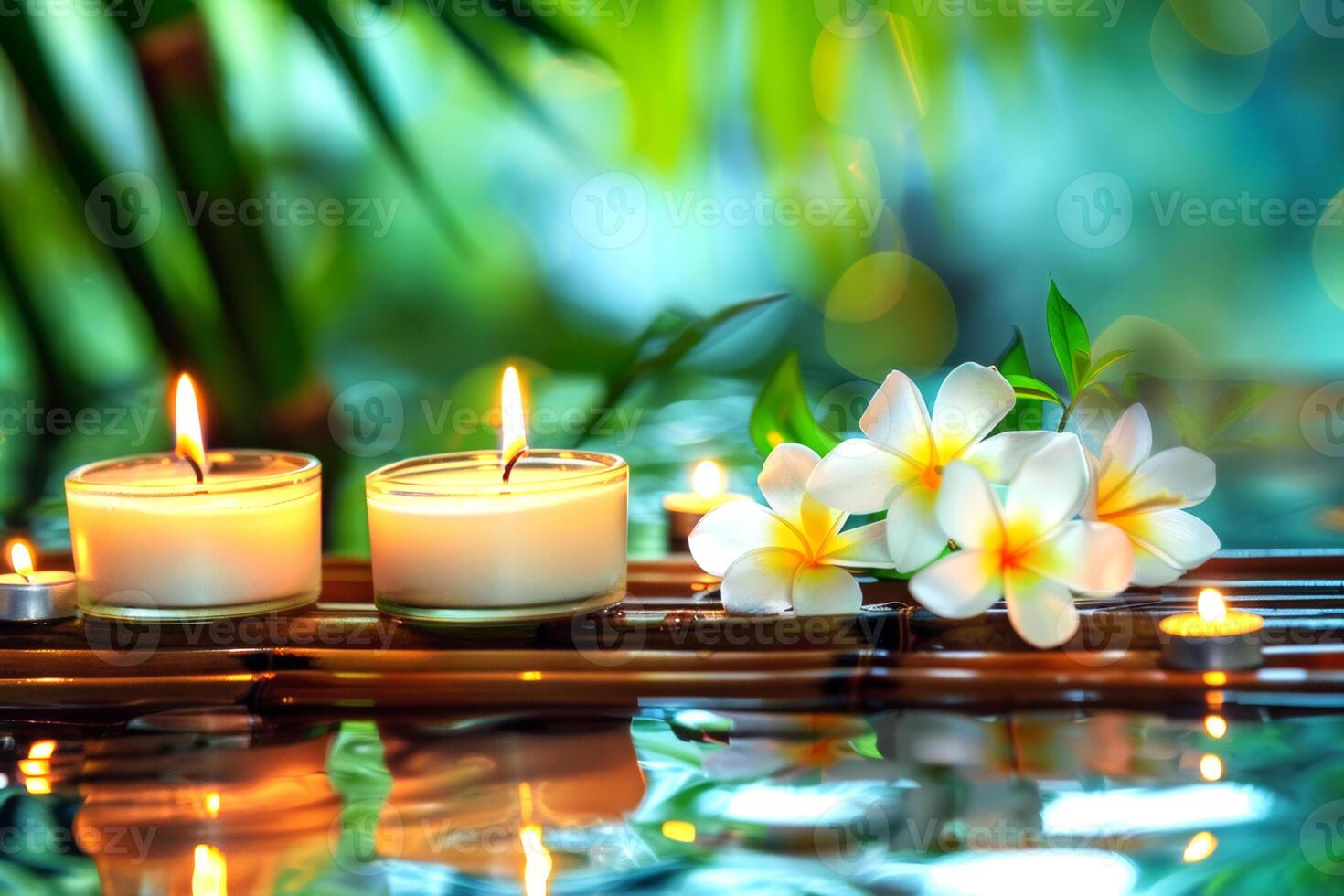 Two burning cosmetic candles on a bamboo stand, frangipani flowers and tropical leaves reflected in the water, bokeh, relaxation spa background photo