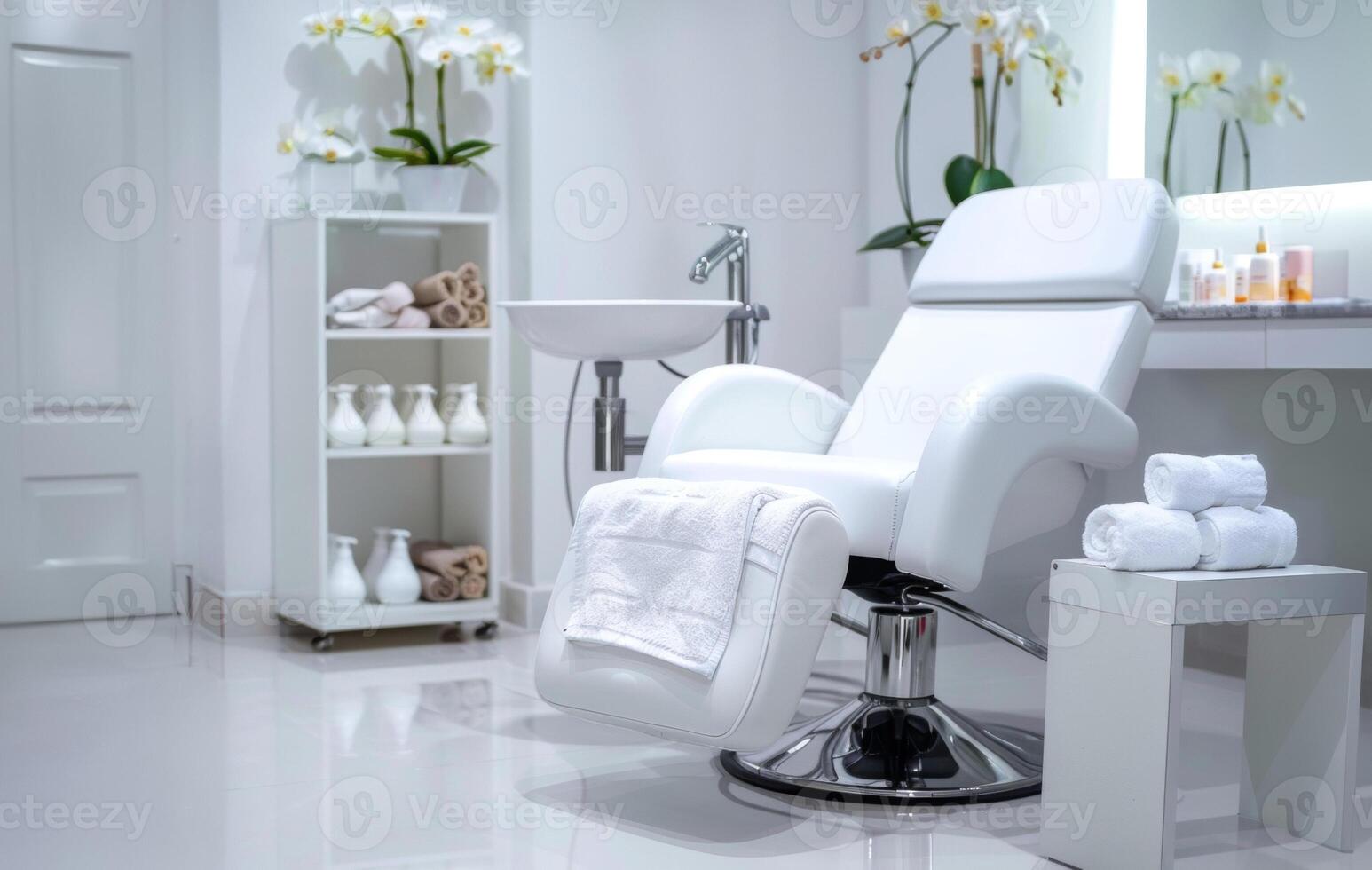 Interior of a modern beauty pedicure spa salon with white pedicure chair and white towels, caring for your feet photo