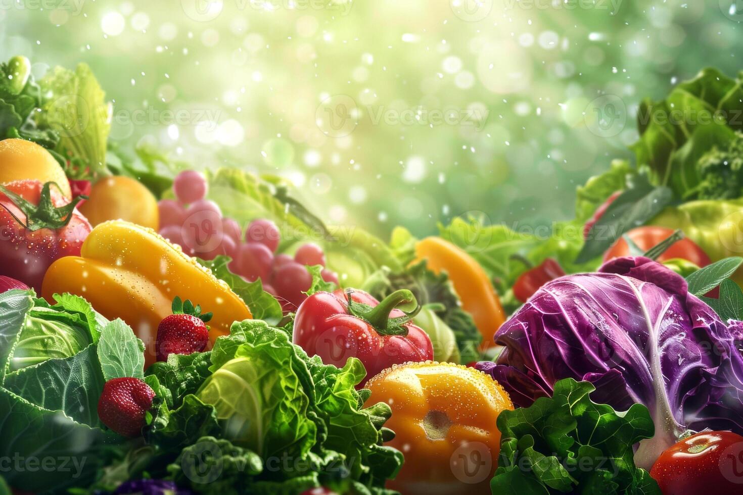 vegetarian border of fresh wet vegetables and fruits against a shining green bokeh background. healthy and vitamin nutrition photo