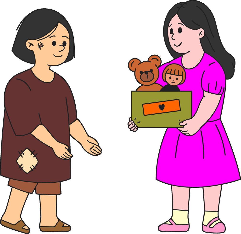 a cartoon girl giving a teddy bear to another girl vector