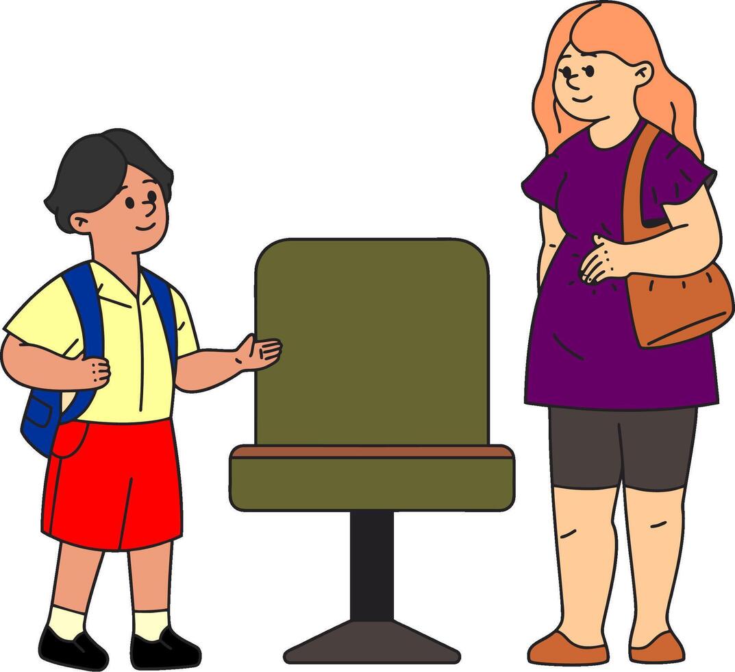 a woman and a boy standing next to a chair vector