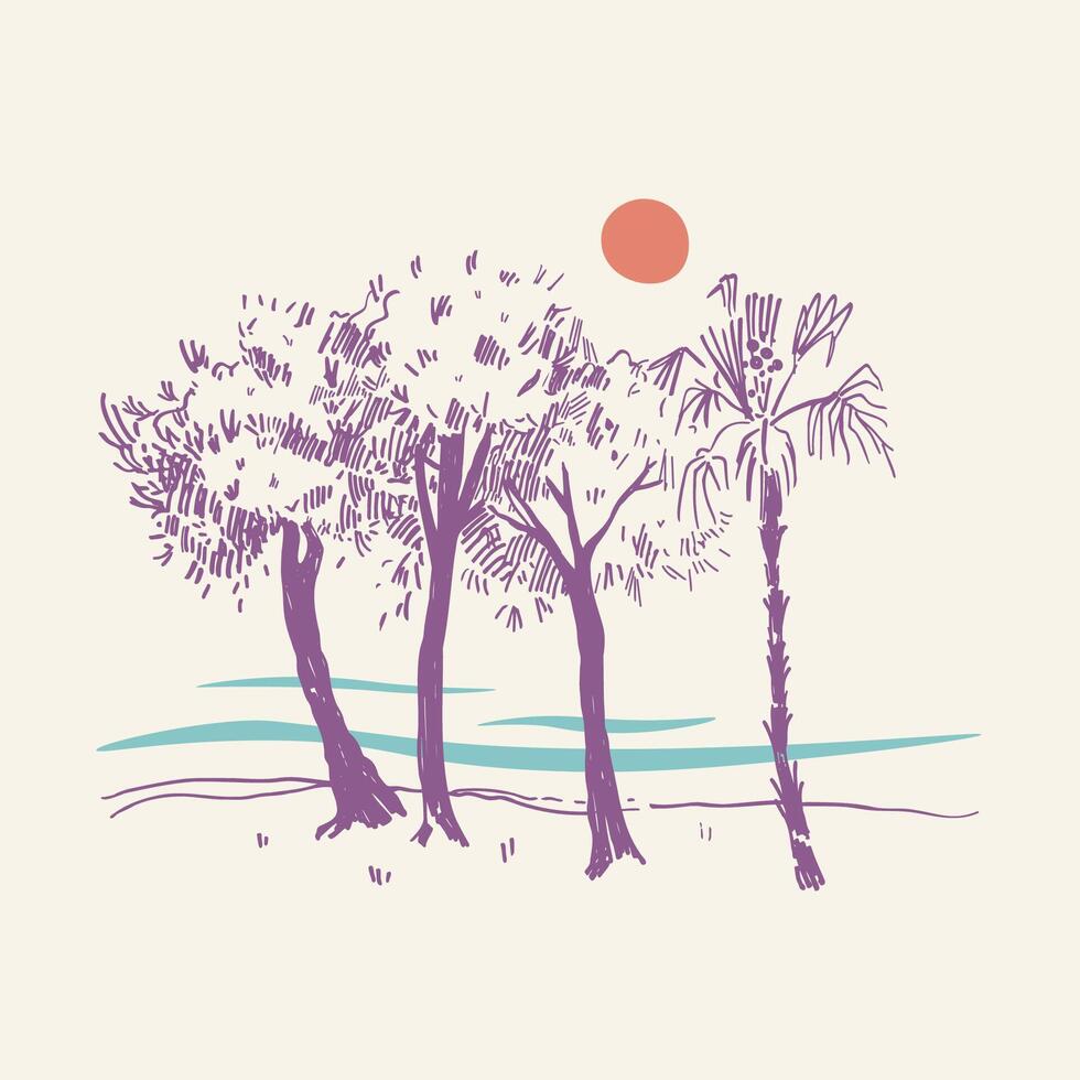 Panoramic view of beech trees and calm sea, sketch hand drawn illustration of seaside with palm, tree, water, sun, marine motive. Abstract coast landscape, Travel, nature vacation, summer vector