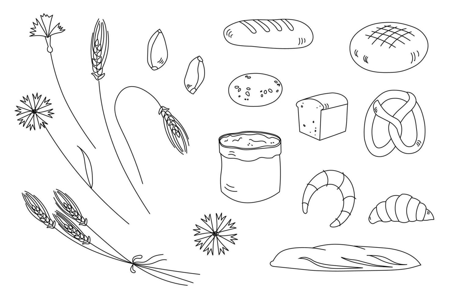 Wheat, bakery products, wheat flour hand drawn sketch on isolated background. Loaf of rye and wheat bread, french baguette and croissant, cake, cupcake , cookie, bun, bagel, flour bag, cornflower vector