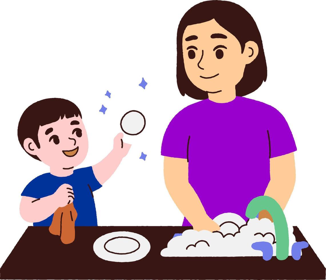 a woman and a child washing dishes together vector
