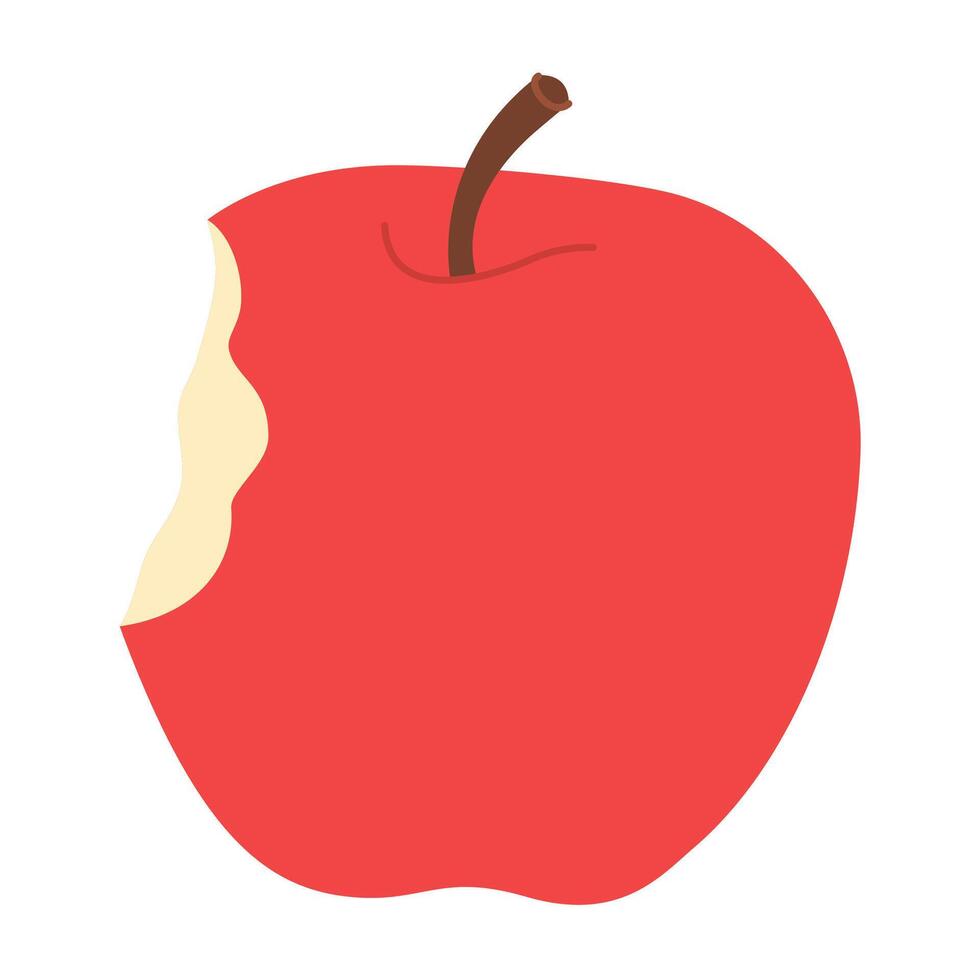 Red juicy bitten apple. Apple eaten cartoon image art. Hand drawn trendy flat style isolated on white. Healthy vegetarian snack, bitten apple for design, infographic illustration vector