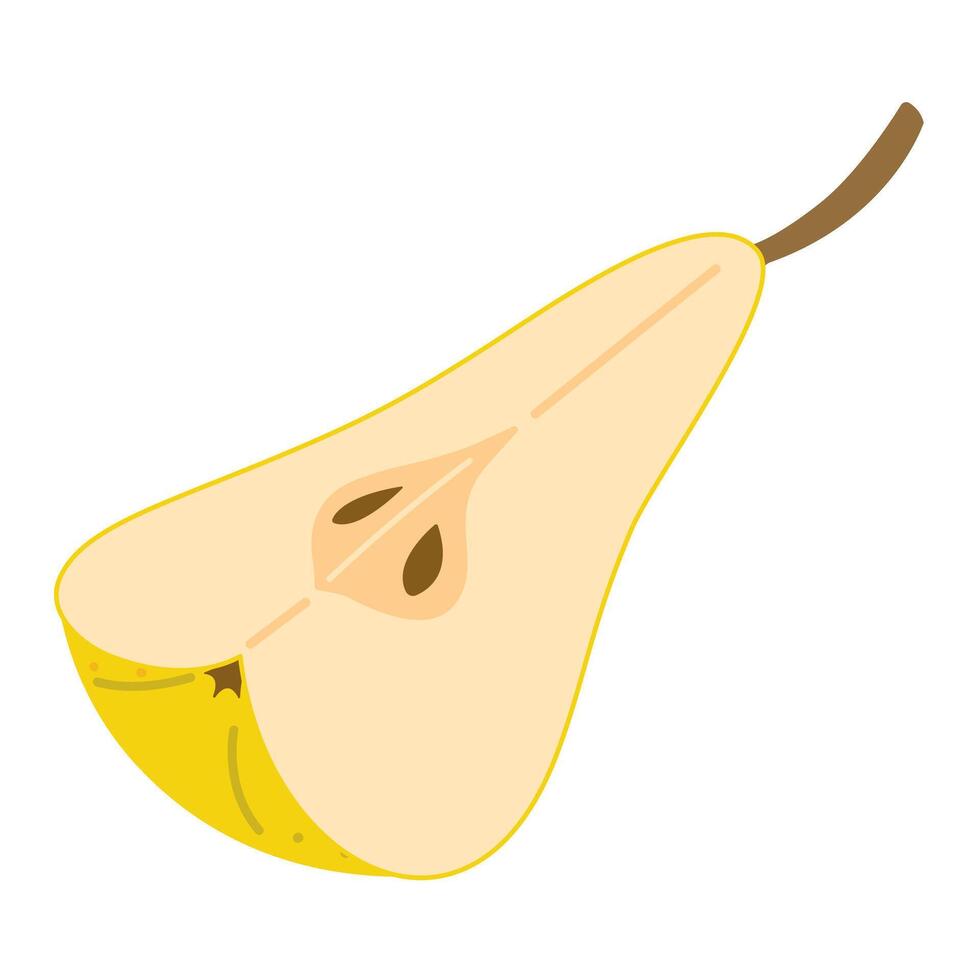 Fresh ripe Pear slice icon. Healthy vegetarian snack, cut Pear for design, infographic. Sliced on pieces Pear. Hand drawn trendy flat style isolated on white illustration vector