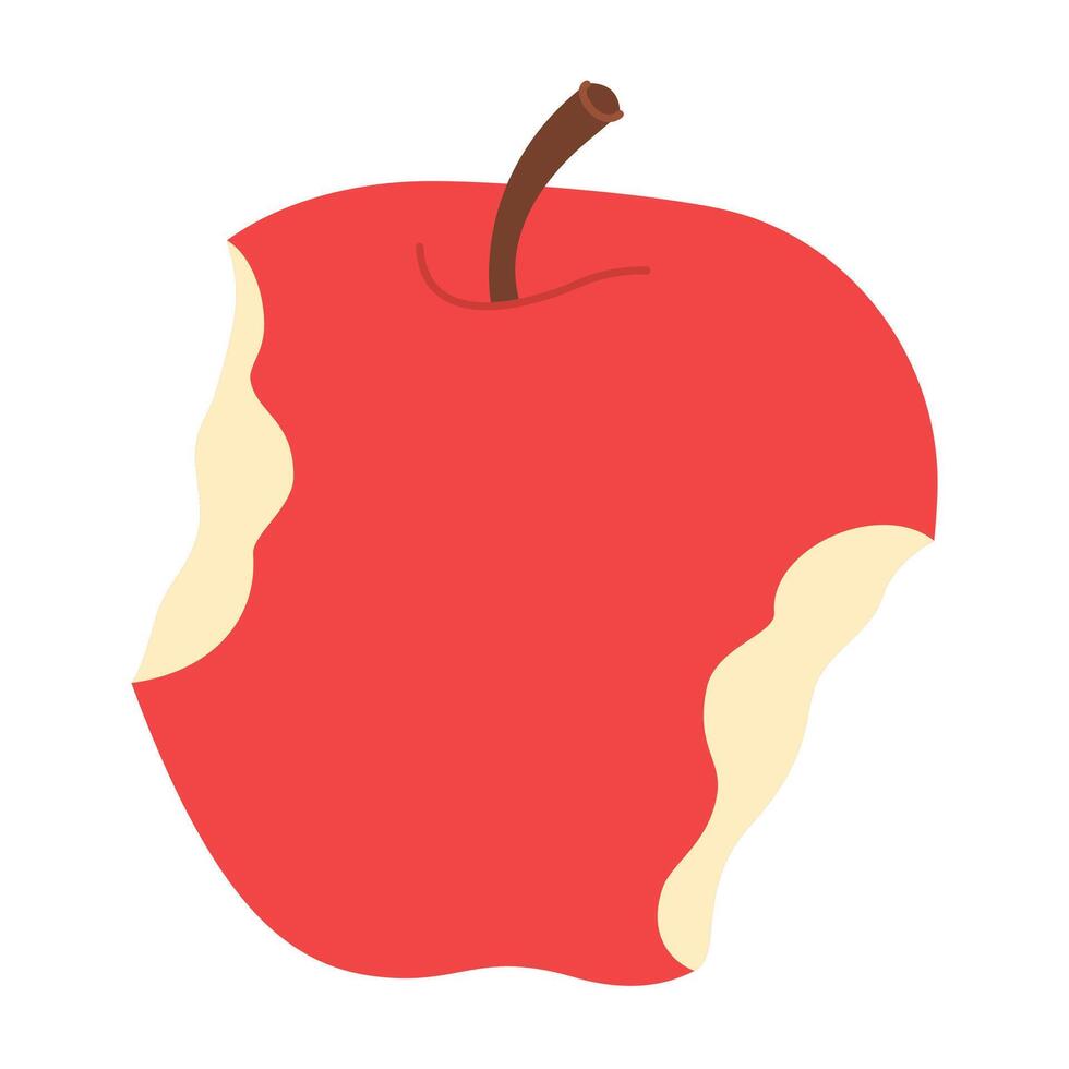Red apple bitten on both sides. Apple eaten cartoon image art. Hand drawn trendy flat style isolated on white. Healthy vegetarian snack, bitten apple for design, infographic illustration vector