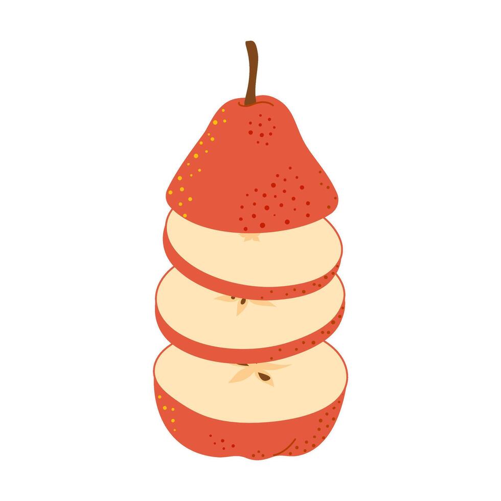 Fresh ripe chopped Pear flying in the air. Slice of fresh red Pear. Healthy vegetarian snack cut Pear for design or infographic Hand drawn Trendy flat style isolated on transparent illustration vector