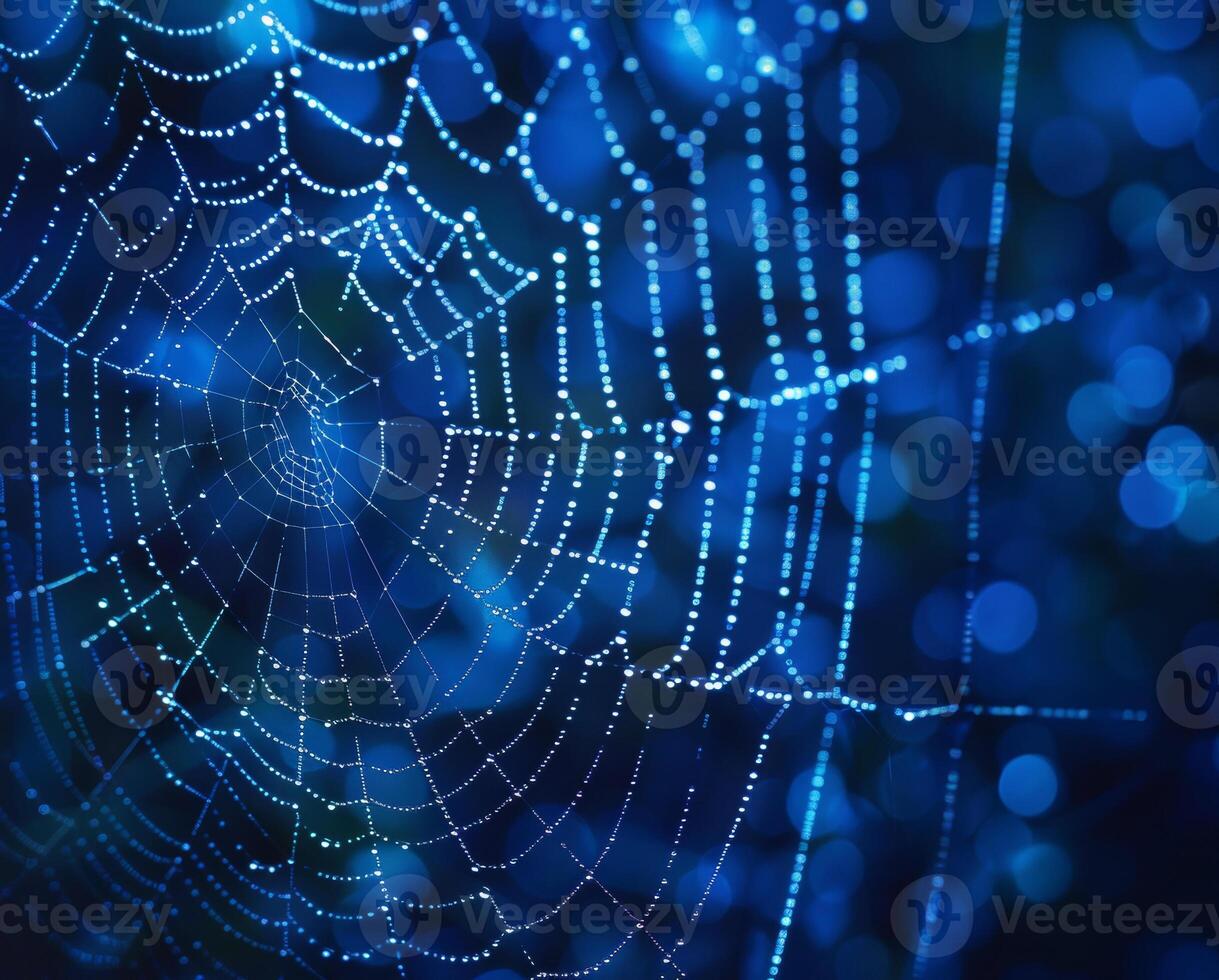 spider web with dew drops on dark blue bokeh background photo