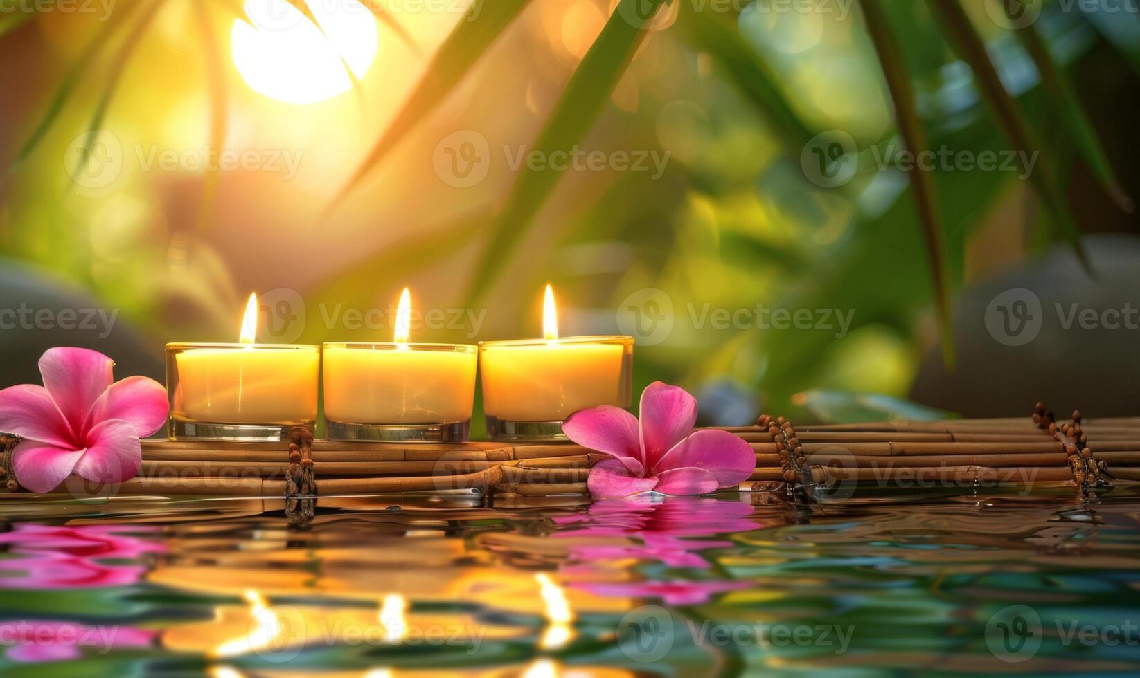 Three burning cosmetic candles on a bamboo stand, frangipani flowers and tropical leaves reflected in the water, bokeh, relaxation spa background photo