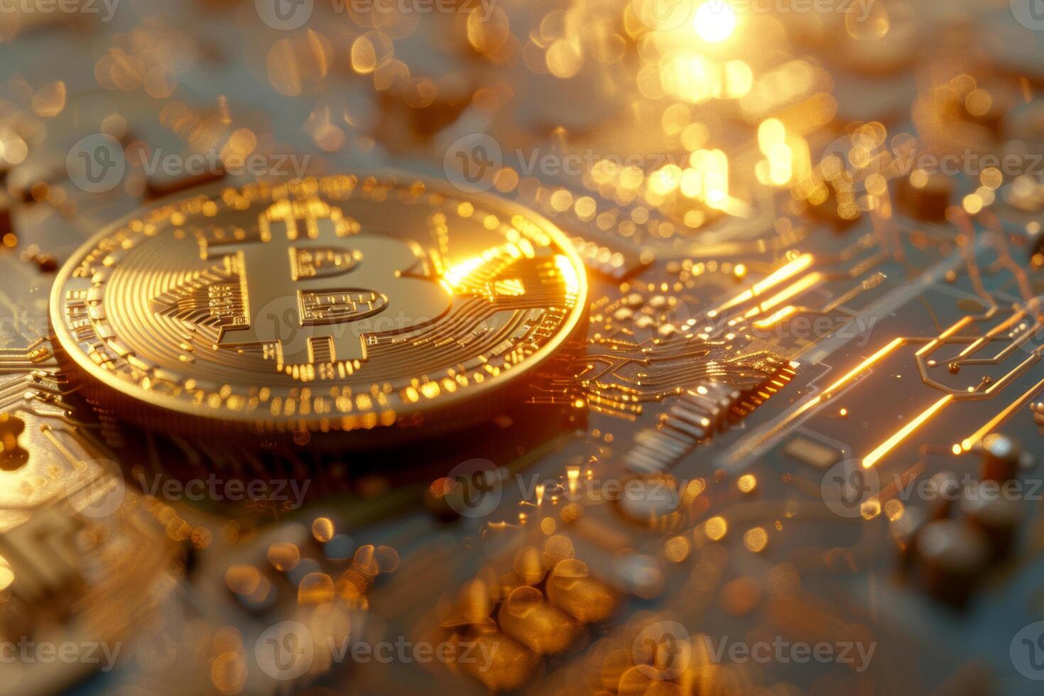 Golden bitcoin on the motherboard close-up. Cryptocurrency concept photo