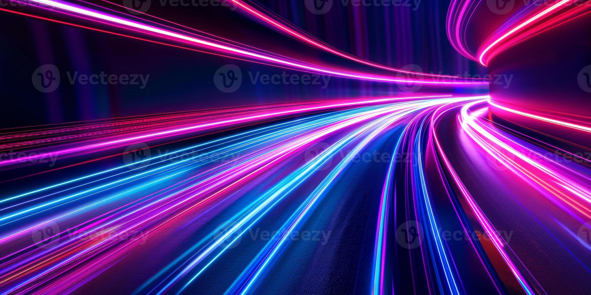 Futuristic tunnel made of glowing neon purple and violet lines. Abstract motion background photo