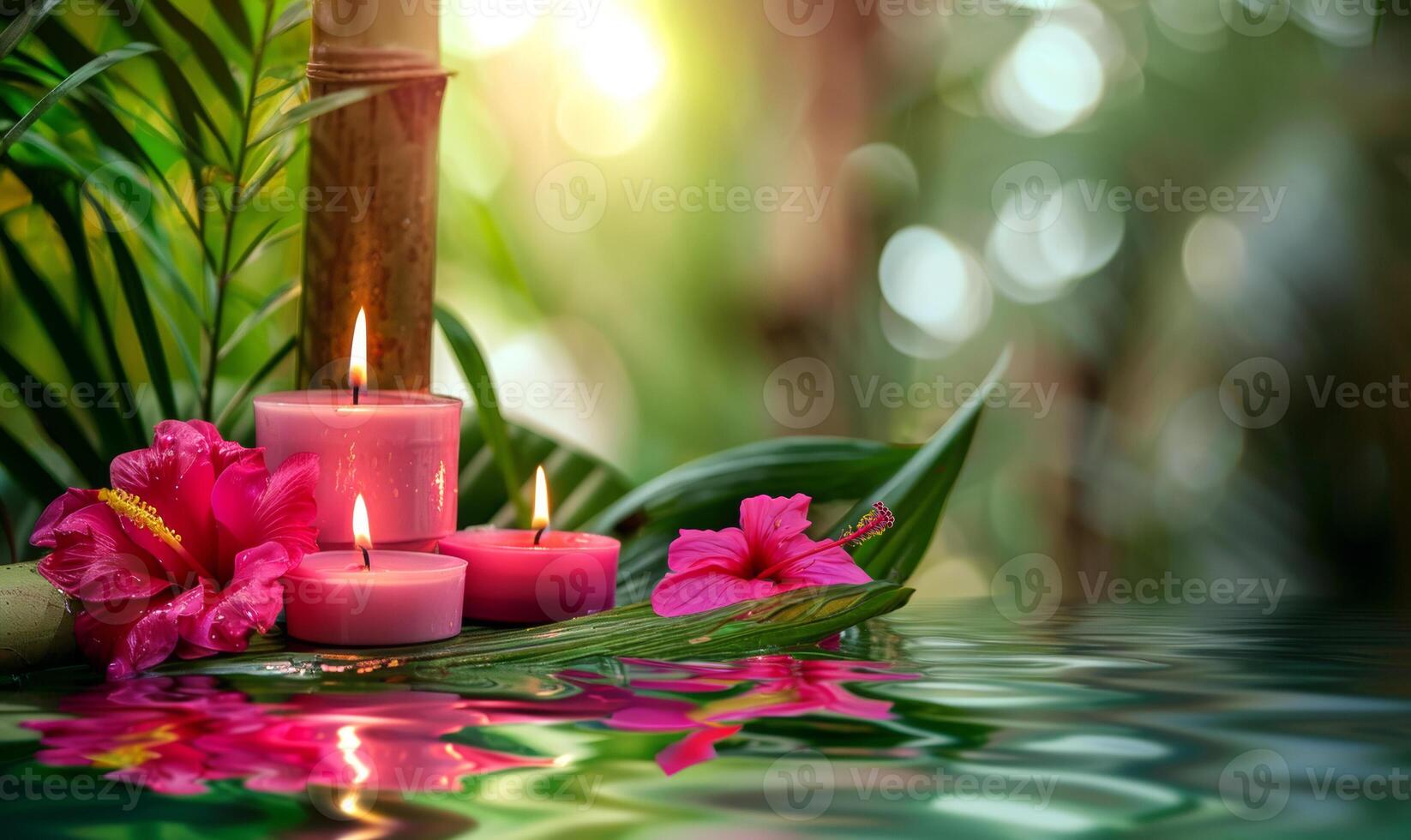 Three burning cosmetic pink candles on a bamboo stand, tropical flowers and leaves reflected in the water, sun bokeh, relaxation spa background photo