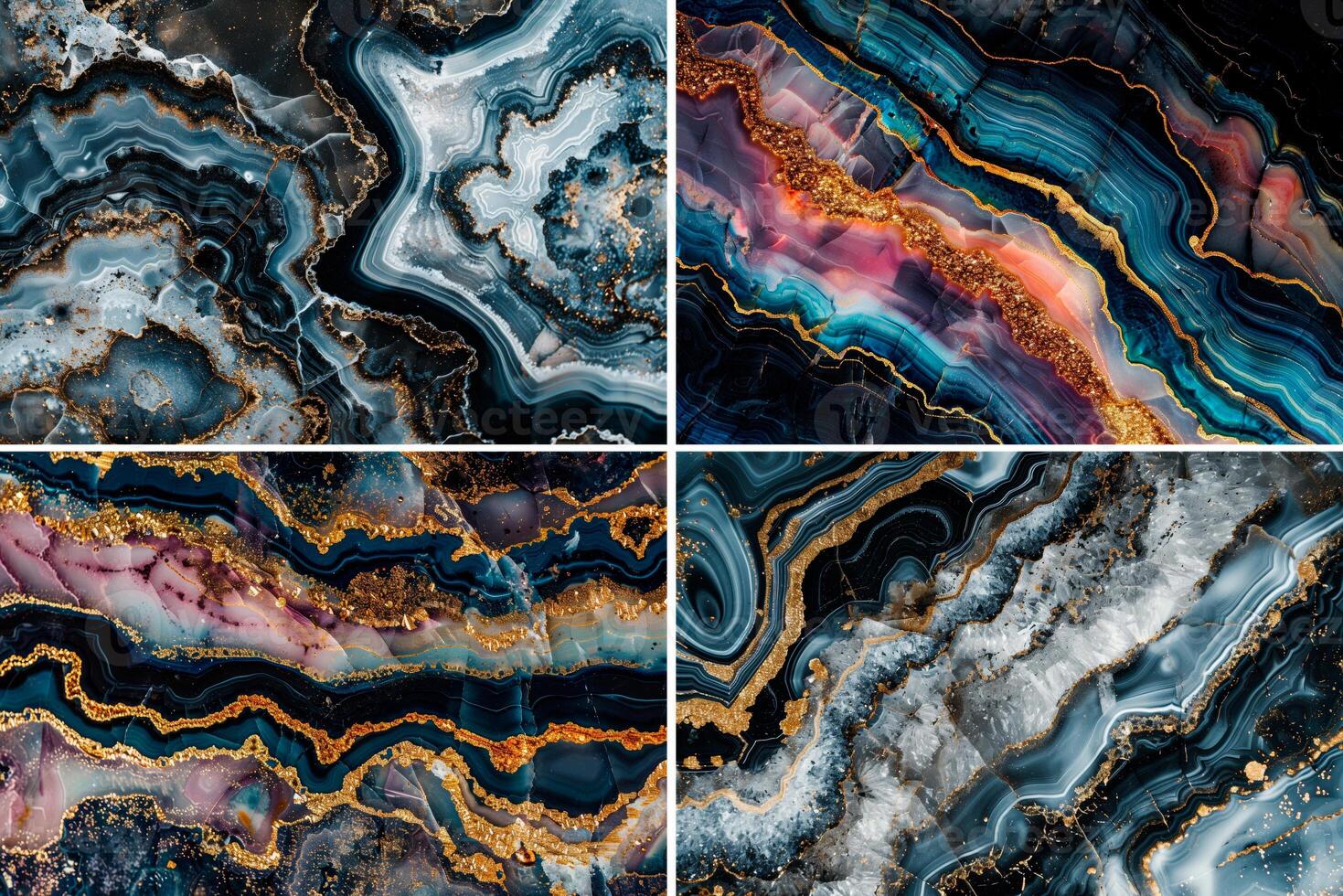 Set of abstract marble backgrounds mineral stone pattern textured with gold, dark blue and purple colors photo