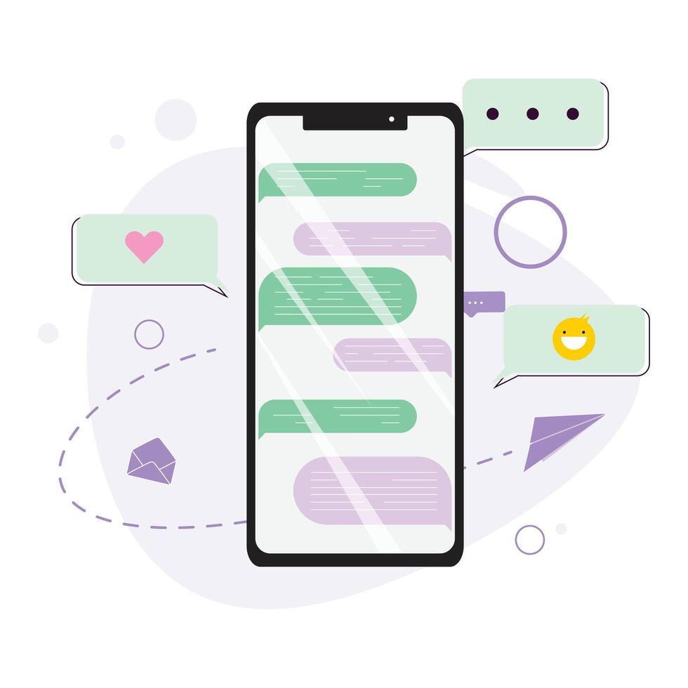 Smartphone displaying chat interface with social media elements including heart, smiley face, speech bubble and envelope vector