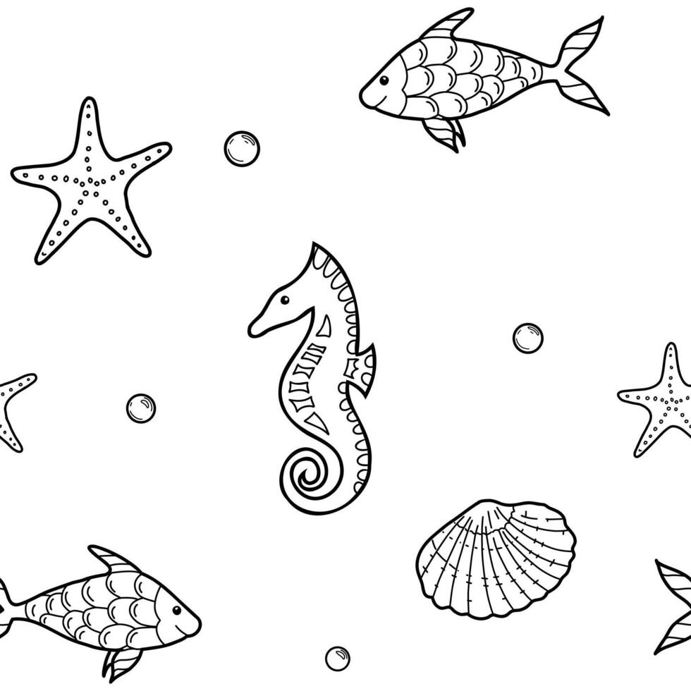 Under the Sea Hand drawn Seamless Pattern with Starfish, Seashells and Fishes, Seahorse. illustration, line art isolated on white background. For fabric, wallpaper and marine beach design. vector