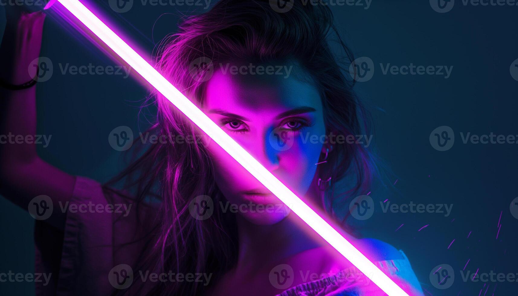 Female carry neon full sword in dark night, neon light effect her face photo