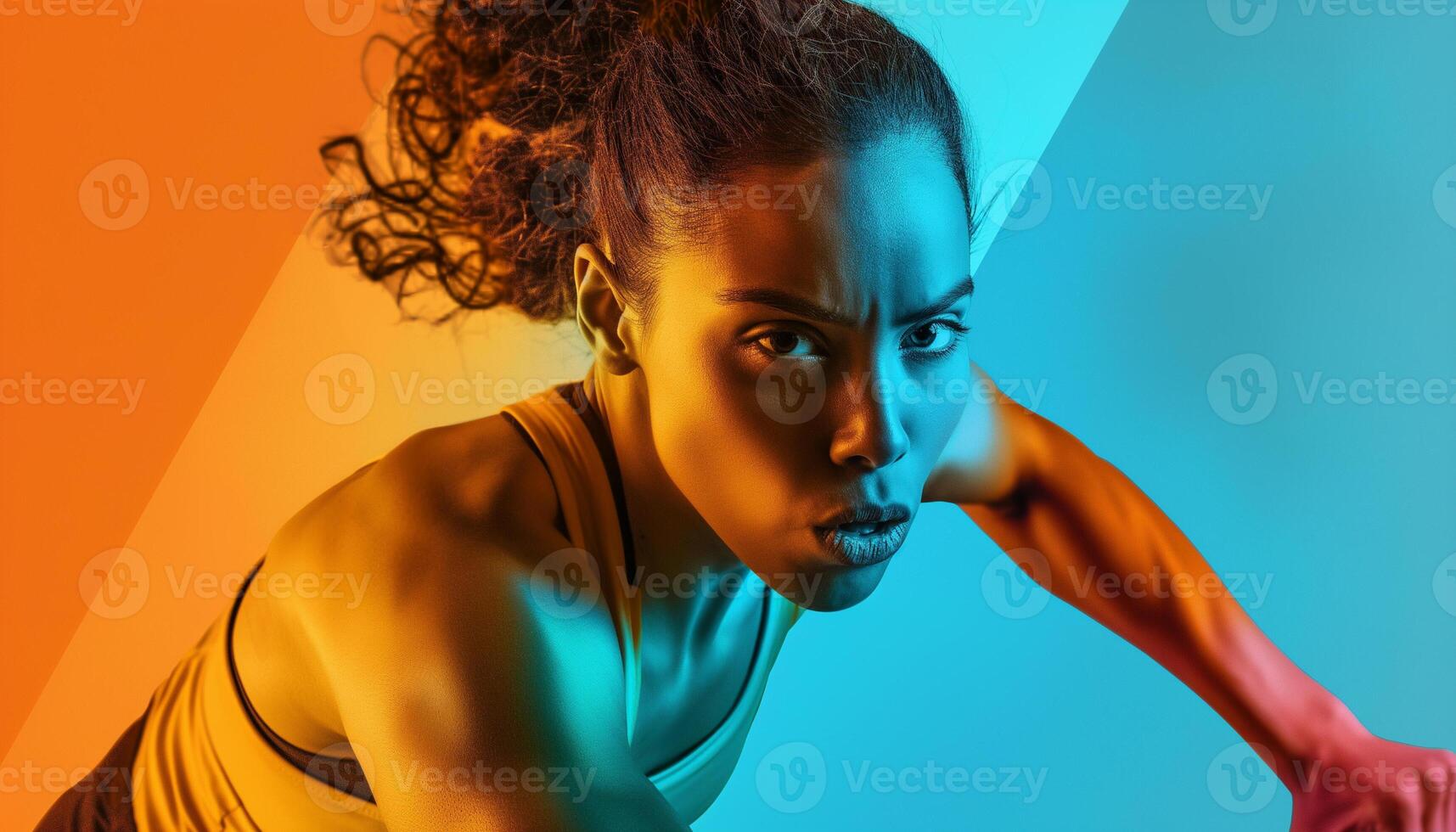 Close mid-view of a female athlete in mid-action during a high-intensity workout, against a split background of clean blue and orange photo