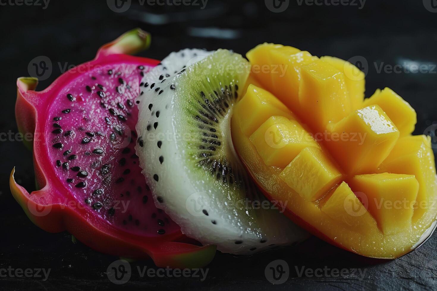 Exotic Sliced Fruits Assortment with Vivid Textures, Close-up of exotic fruits including kiwi, dragon fruit, and mango, showcasing their vivid textures and colors. photo