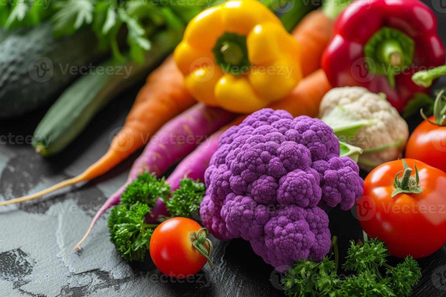 Fresh Vegetables Assortment on Slate Background, A composition of fresh vegetables, including purple cauliflower, radishes, carrots, and tomatoes, on a dark slate background. photo