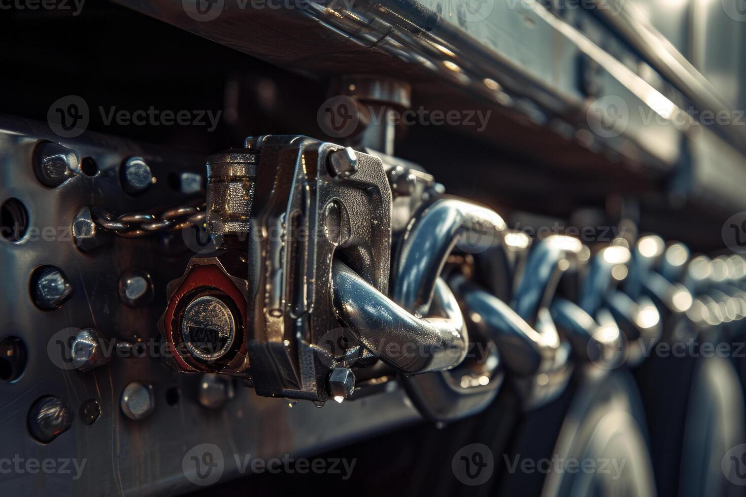 Secure Truck Cargo Chain Mechanism Close-up, Close-up image of a secure cargo chain mechanism on a truck, highlighting the robustness and safety in transport. photo