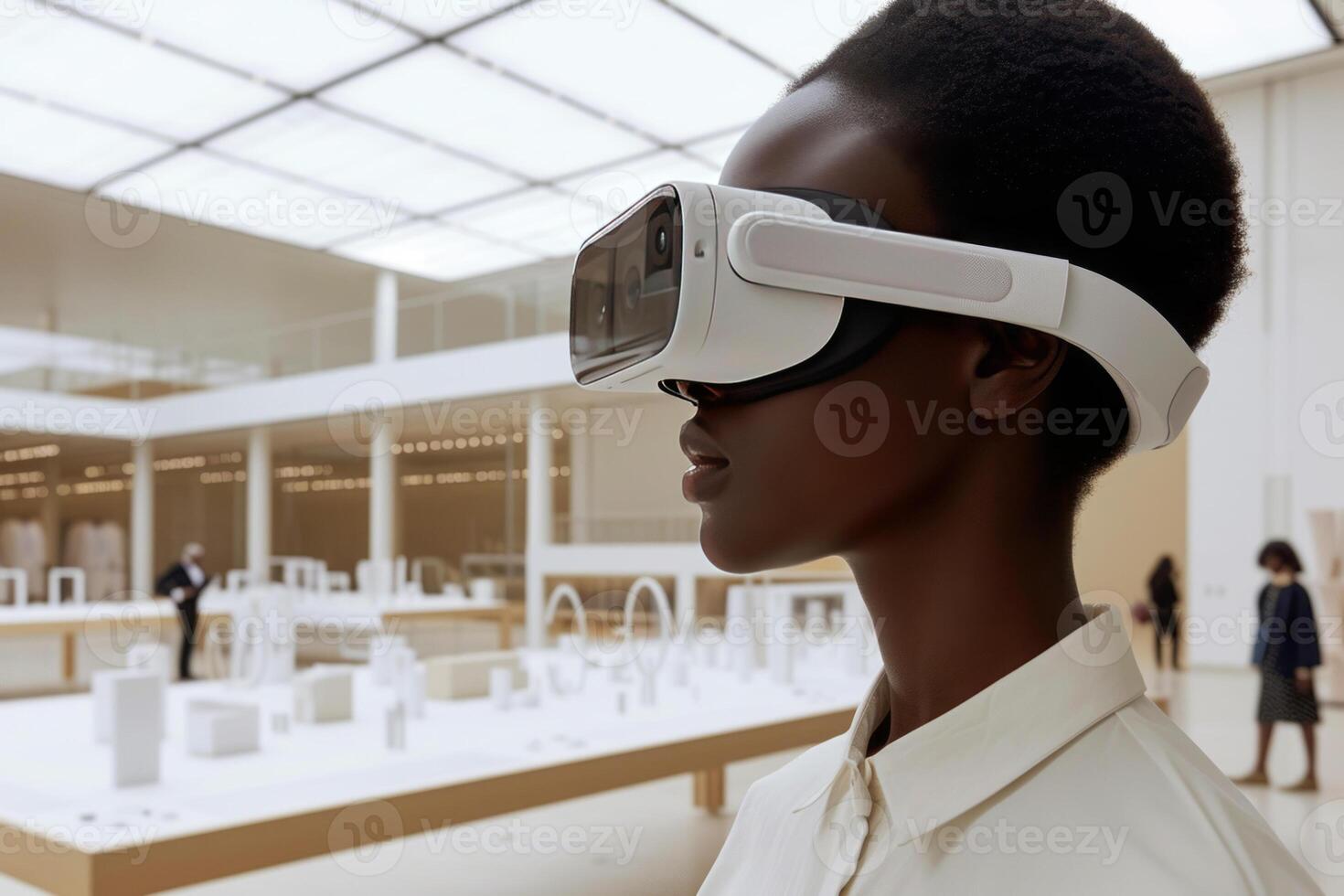 African American Woman Using Virtual Reality Headset, An African American woman is using a VR headset, gesturing with her hands as she interacts with a virtual environment. photo