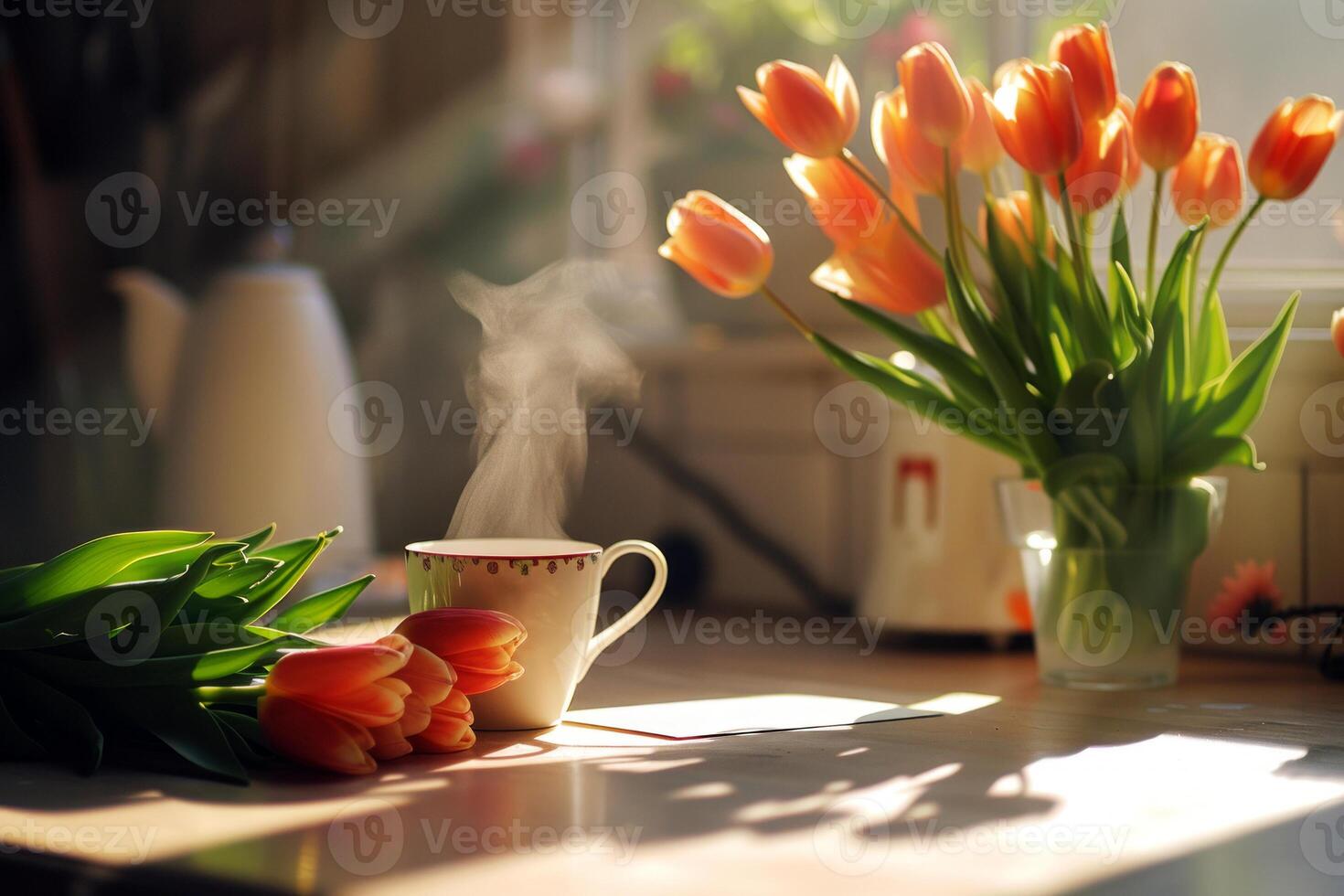 Serene Morning Tea with Blooming Tulips, A steaming cup of tea on a wooden table with bright tulips in the soft morning light, creating a peaceful ambiance. photo