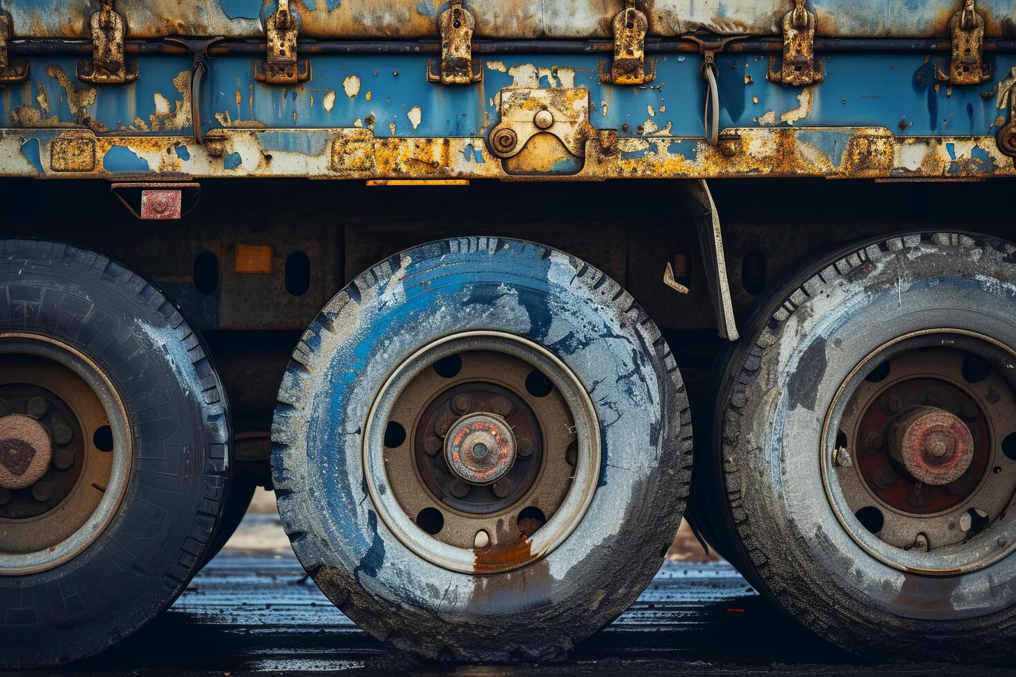 Rusty Heavy Machinery Tires Close-up, Close-up of weathered and rusty tires on heavy industrial machinery, showcasing signs of wear and age. photo