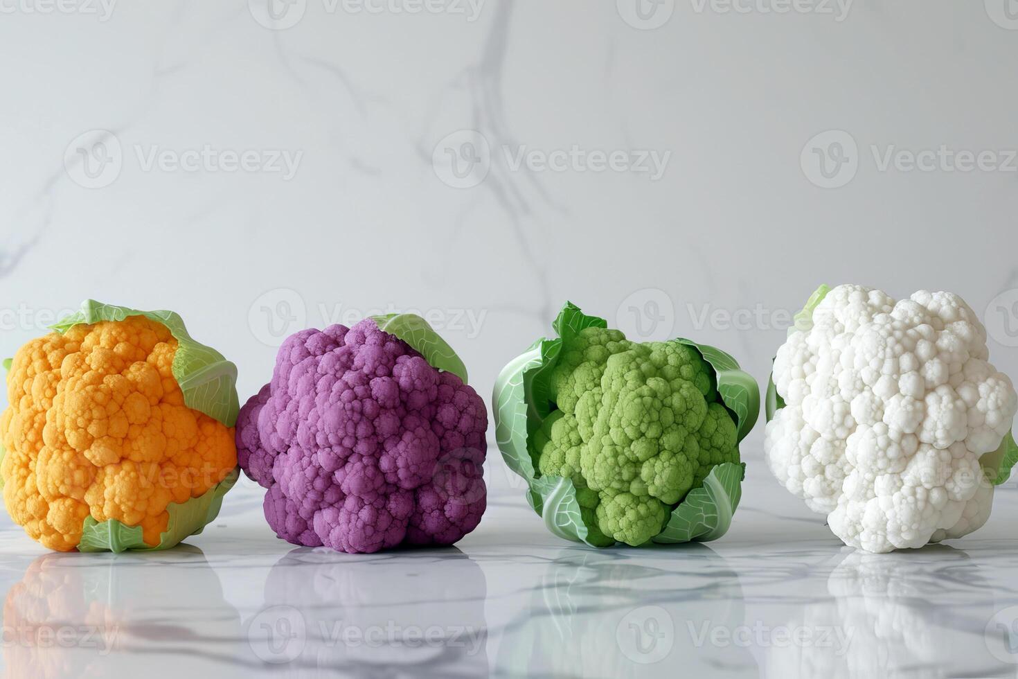 Colorful Cauliflower Varieties on Marble Background, An array of vibrant orange, purple, green, and white cauliflower heads against a clean marble background. photo