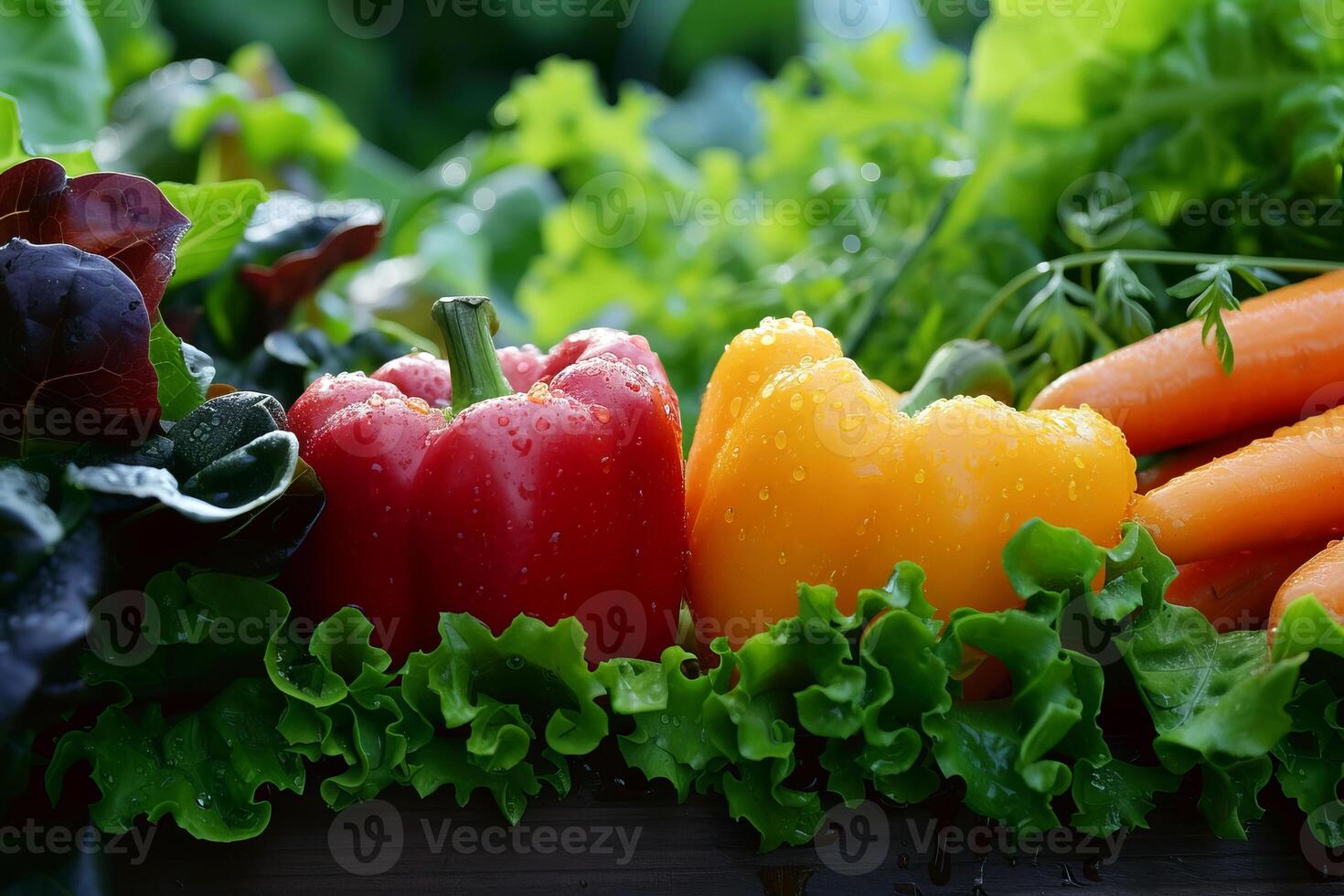 Vibrant Fresh Vegetables with Morning Dew, Crisp bell peppers, leafy greens, and carrots glistening with morning dew, showcasing freshness and natural beauty. photo