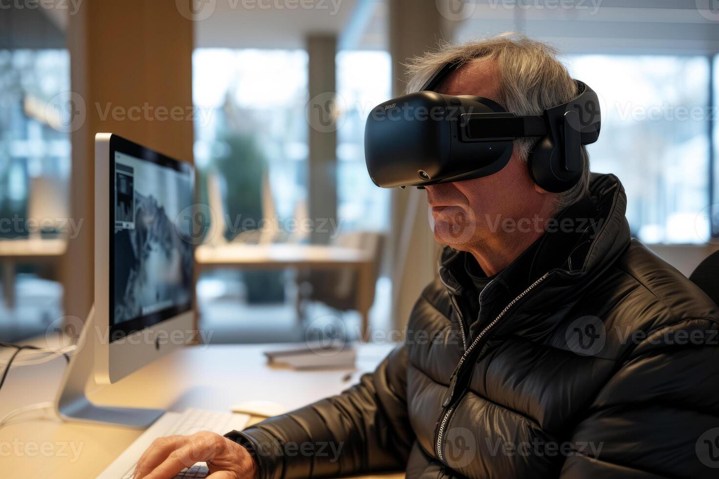Senior Man Exploring Virtual Reality, A senior man is fully immersed in a virtual reality experience, wearing a VR headset while working on a computer. photo