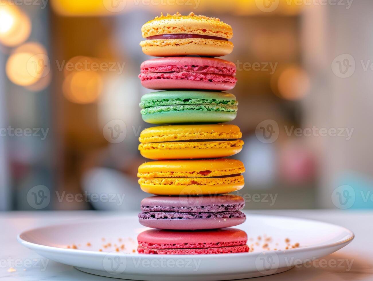 Elegant Macaron Stack with a Bokeh Background, A stack of pastel macarons on a white plate, accentuated by a soft bokeh background for an elegant presentation. photo