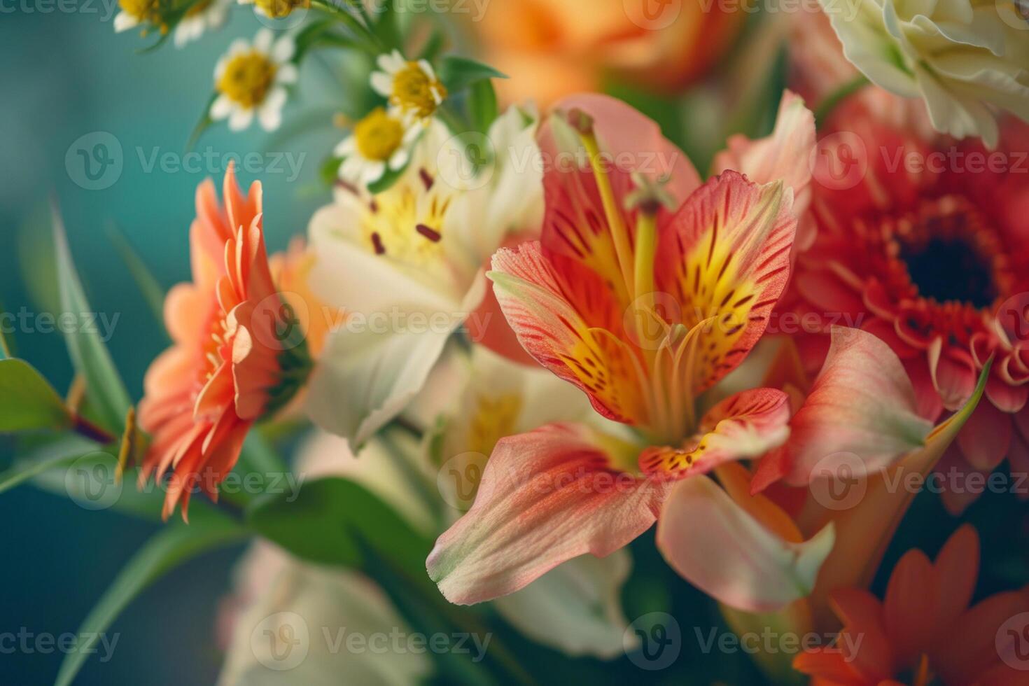 Vibrant Bouquet of Flowers with Bokeh Background, A colorful bouquet with roses, daisies, and lilies, highlighted by a glistening bokeh background. photo