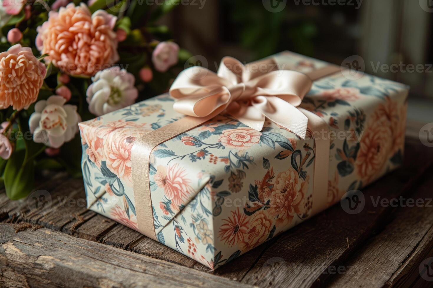 A close-up shot of a beautifully wrapped Mother's Day gift, a delicate bow on top, placed on a rustic wooden table with a bouquet of spring flowers. photo