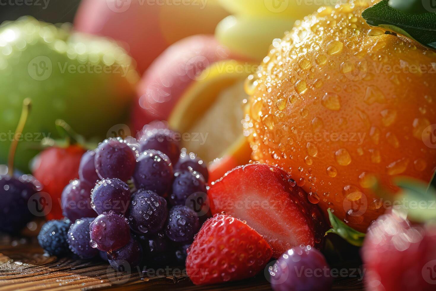 Fresh organic fruits, close up of juicy berries, citrus, and apples, dew drops visible on the surface, arranged on a natural wood surface, morning light accentuating the vibrant colors and textures photo