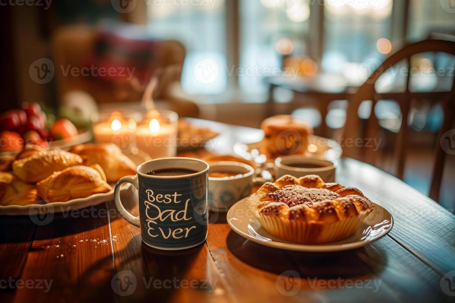 Cozy Family Breakfast with a Best Dad Ever Mug, A warm family breakfast table featuring a Best Dad Ever' mug, surrounded by pastries and soft morning light. photo