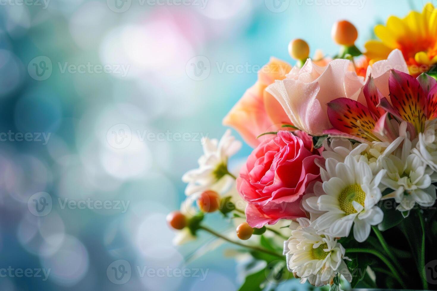 Vibrant Bouquet of Flowers with Bokeh Background, A colorful bouquet with roses, daisies, and lilies, highlighted by a glistening bokeh background. photo