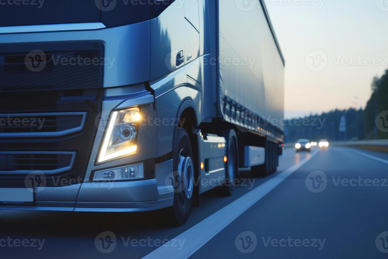 Freight Truck on Highway at Twilight, Modern freight truck in motion on a highway during twilight, headlights brightening the dusky road. photo